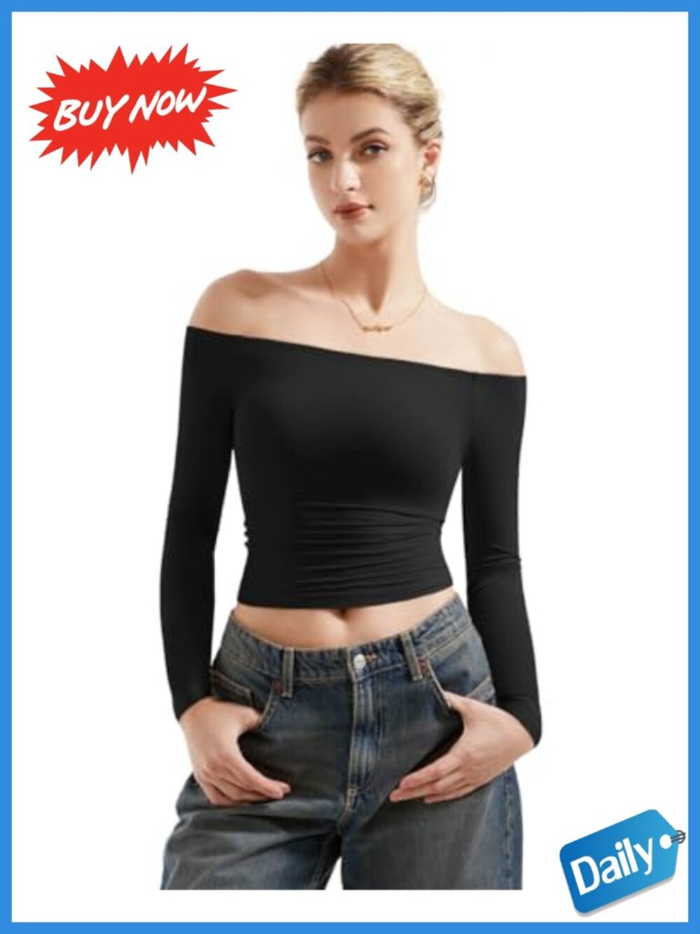 Off Shoulder Double Lined Long Sleeve Top Slim Fit Crop Tee Y2K Going Out